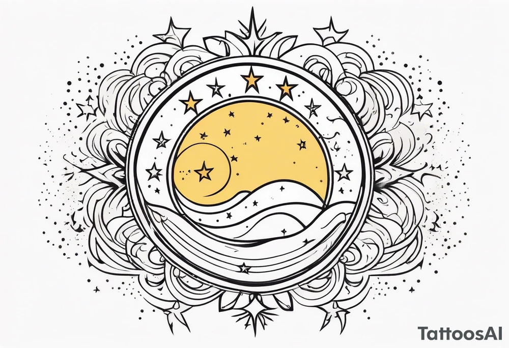 Western sun stars and moon. Mirrored with swirls and dots and stars tattoo idea