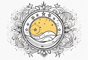 Western sun stars and moon. Mirrored with swirls and dots and stars tattoo idea