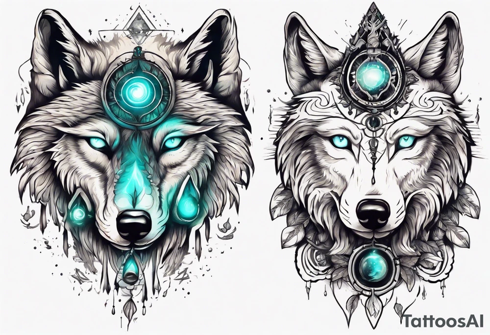 A wolf with a glowing pineal gland and spiritual symbolism tattoo idea