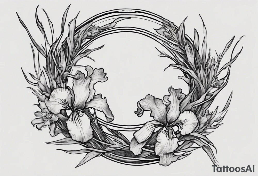 Create a small Vincent van Gogh Irises tattoo with Athena's shield and spear . The tattoo should take the form of a crescent, with vines gracefully intertwining at a central point in the middle of the wreath. Ensure that the design avoids the appearance of a bush and maintains a more structured and deliberate arrangement. The intended placement is on the upper chest. The overall design should be small in size while maintaining a delicate and artistic aesthetic. Pay attention to the graceful flow of the vines and the placement of the irises to achieve a refined and elegant look. tattoo idea