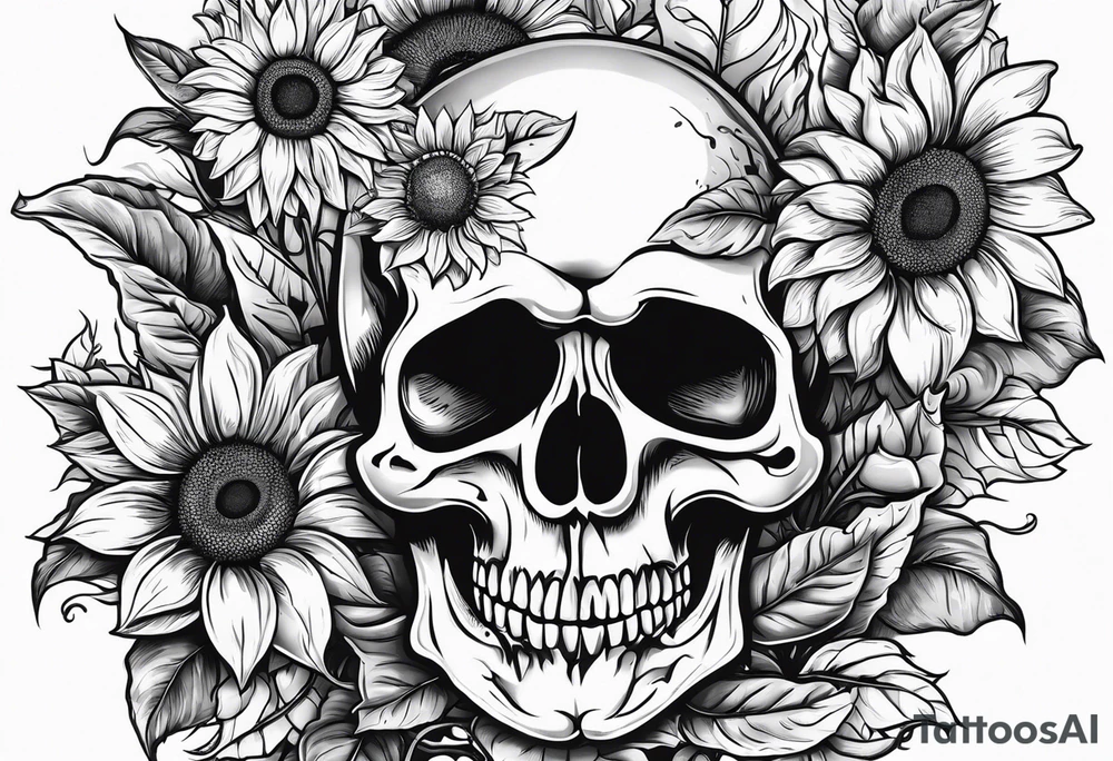 Skull, sunflowers, Saying never again tattoo idea
