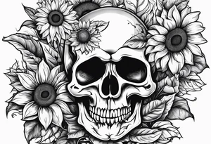 Skull, sunflowers, Saying never again tattoo idea