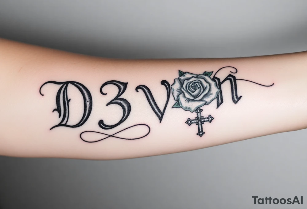 Name D3von spelt going down my arm with a crown and rose and cross and 03/27/07 tattoo idea