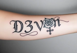 Name D3von spelt going down my arm with a crown and rose and cross and 03/27/07 tattoo idea
