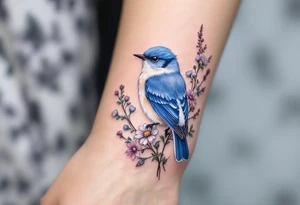 Puffy bluebird surrounded by wild flowers tattoo idea