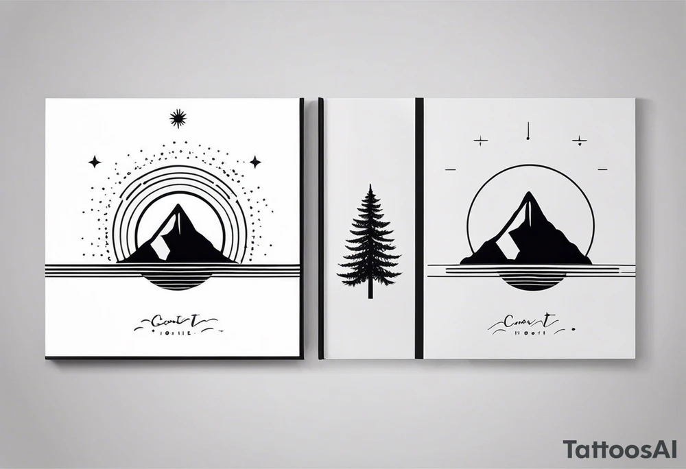 Create a tattoo in a minimalistic style, including a vertical line symbolizing a path or journey. The design should include the following elements: the image of a fir tree at the top, the outline of a mountain in the center, and the sun with rays at the bottom. All elements should be done in black outlines without filling, creating a clean and elegant image. tattoo idea