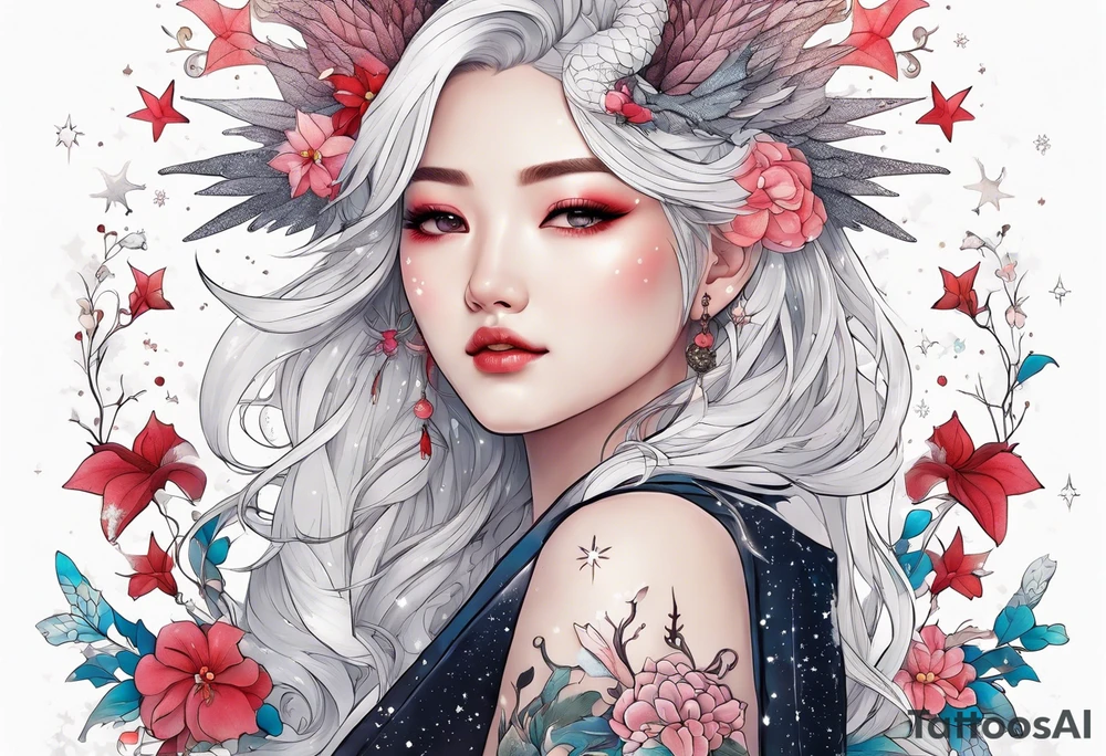 Constellation, wing , snow , cross , dragon female japan kawaii , flower tattoo idea