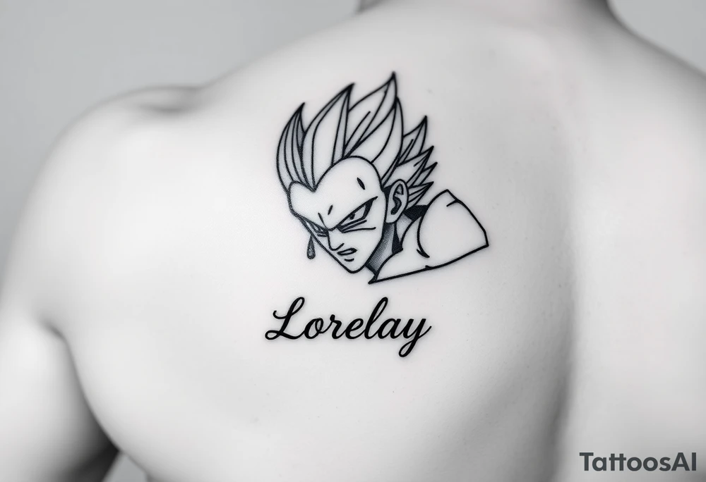 Créame un diseño en miniatura para la parte baja del bicep de una personaje principal de dragón Ball z con el nombre de lorelay escrito por debajo del diseño tattoo idea