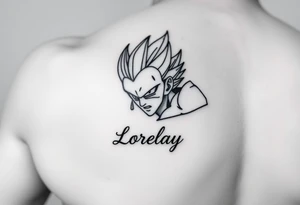 Créame un diseño en miniatura para la parte baja del bicep de una personaje principal de dragón Ball z con el nombre de lorelay escrito por debajo del diseño tattoo idea