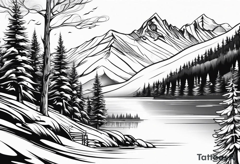 snow skier in distance with trees and mountains and lake at bottom tattoo idea