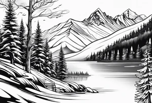 snow skier in distance with trees and mountains and lake at bottom tattoo idea