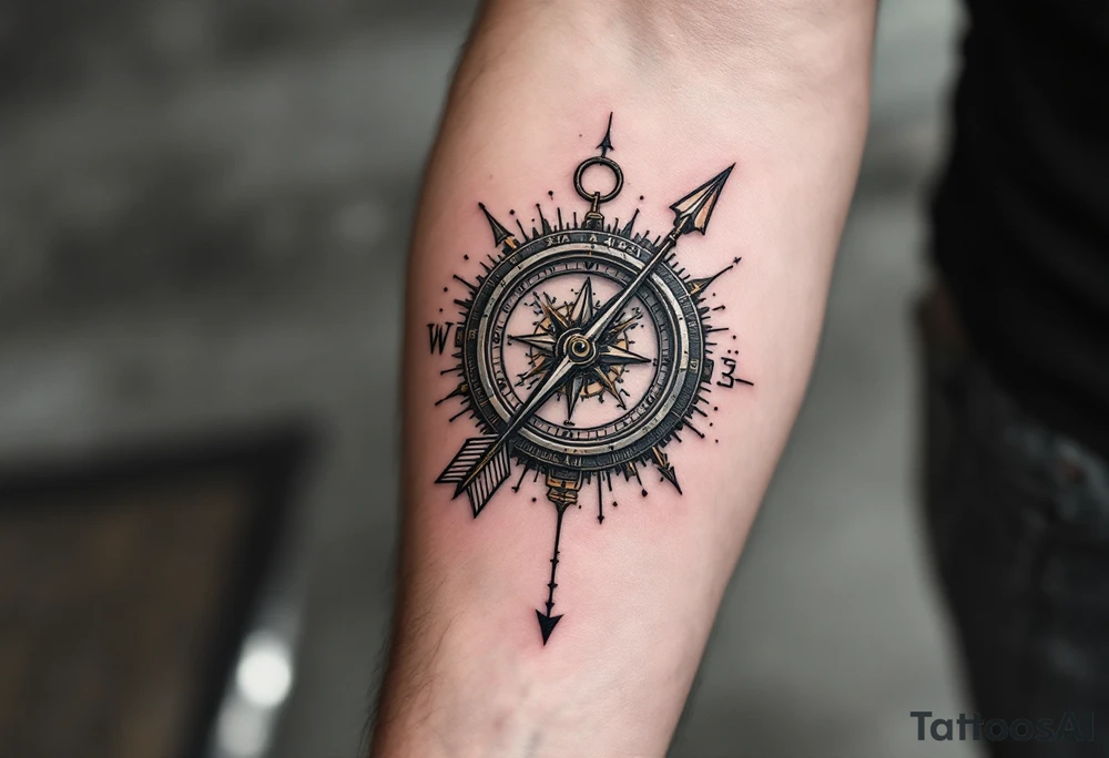 steampunk half compass half clock with a full-length arrow pointing at my wrist and saying "Isaiah 40:31" tattoo idea