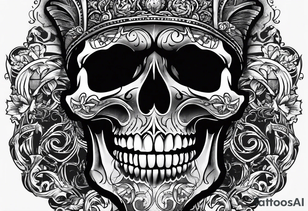 Big Skull with fangs , three crosses, words saying “A Sound Soul Dwells Within A Sound Mind and Sound Body” tattoo idea