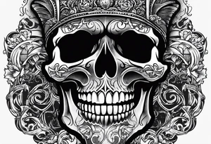 Big Skull with fangs , three crosses, words saying “A Sound Soul Dwells Within A Sound Mind and Sound Body” tattoo idea