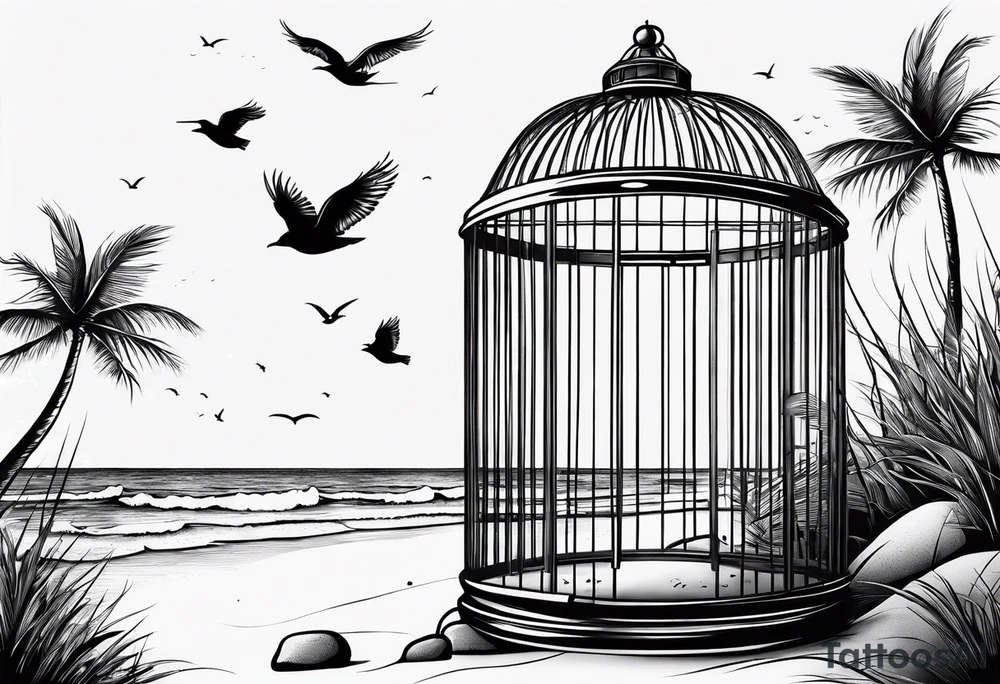 An open birdcage on the beach with the words be free tattoo idea