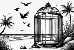 An open birdcage on the beach with the words be free tattoo idea