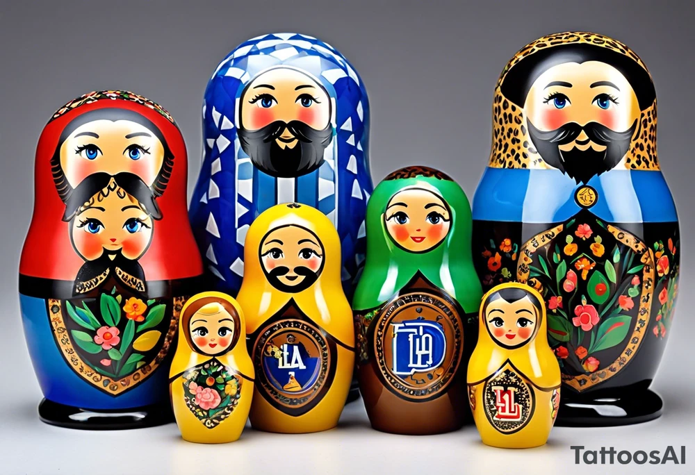 Matryoshka doll family of 4. Each separate doll is designed based on their individual description. Father (biggest doll) has full beard, blue eyes, short brown hair, loves LA Dodgers. Mother (second biggest doll) has blonde bob, blue eyes, thick rimmed black glasses, loves leopard print. Son is 4 years old, blue eyes, blonde spiky hair, loves Paw Patrol. Daughter is 2 years old, blue eyes, long eyelashes, short light brown bob, loves Bluey. tattoo idea