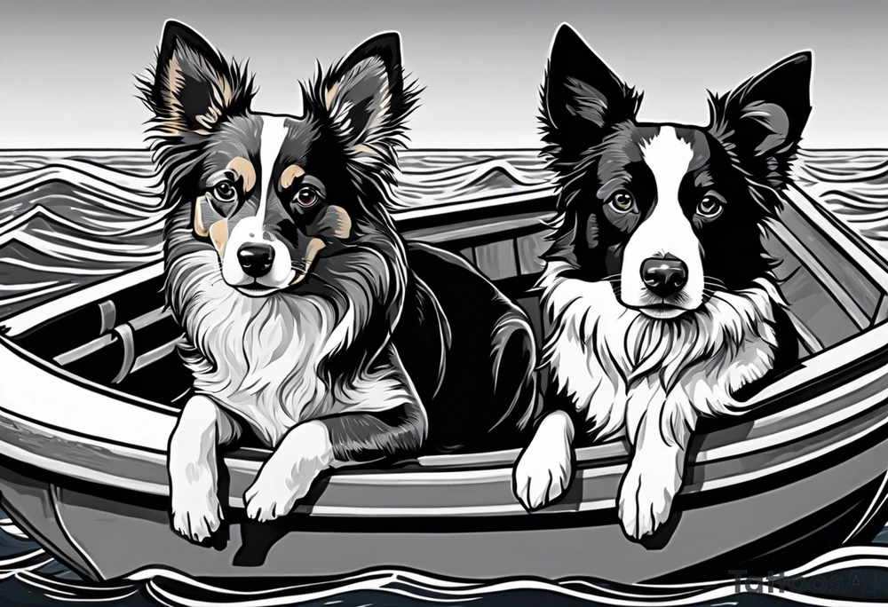 two dogs in a boat. One dog is tan with big ears like a chihuahua. The other dog is black and white and looks like an australian shepherd with floppy ears tattoo idea