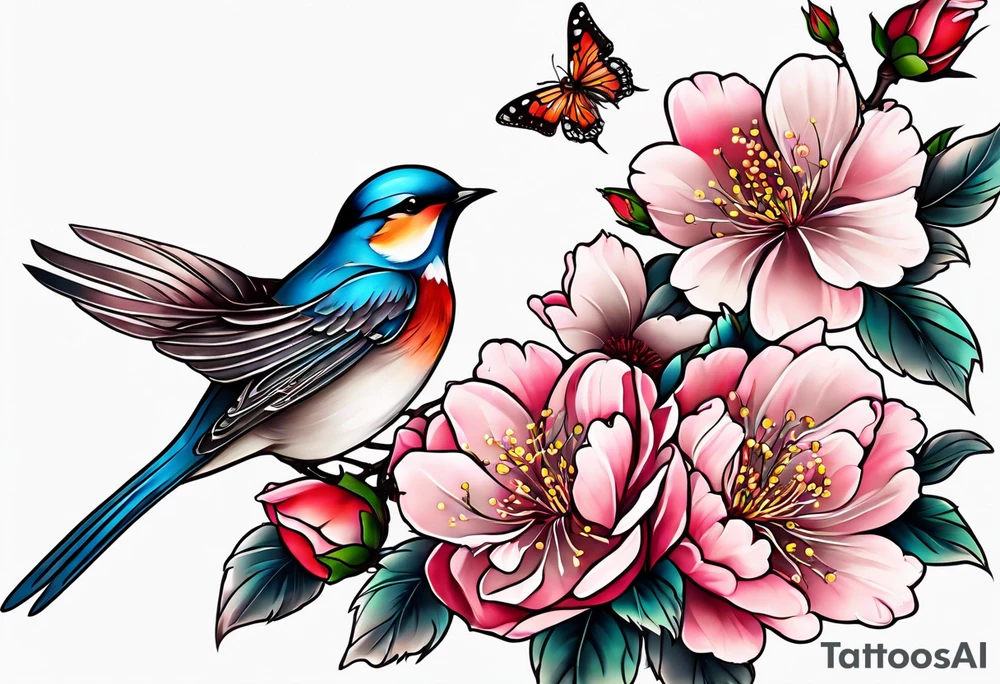 Japanese cherry blossom with birds, butterflies and rose tattoo idea