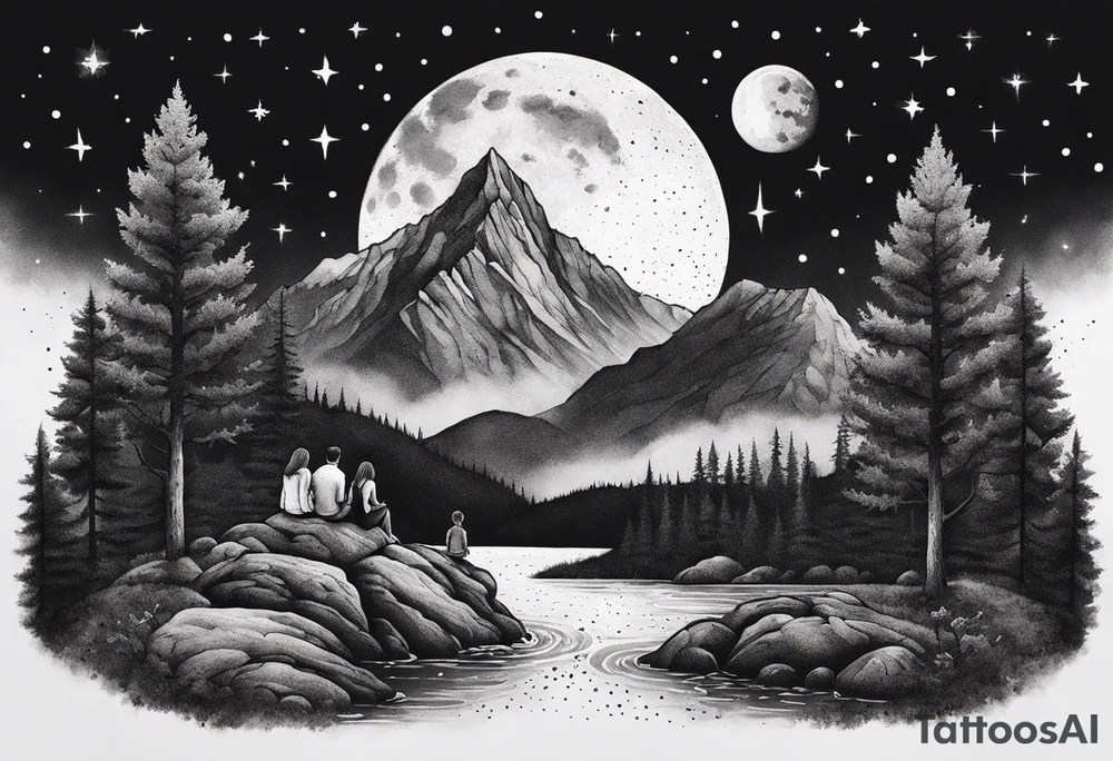 a family of three sitting in a nature with mountains, waterfall, water, and a cross in the background and and moon in the sky with stars tattoo idea