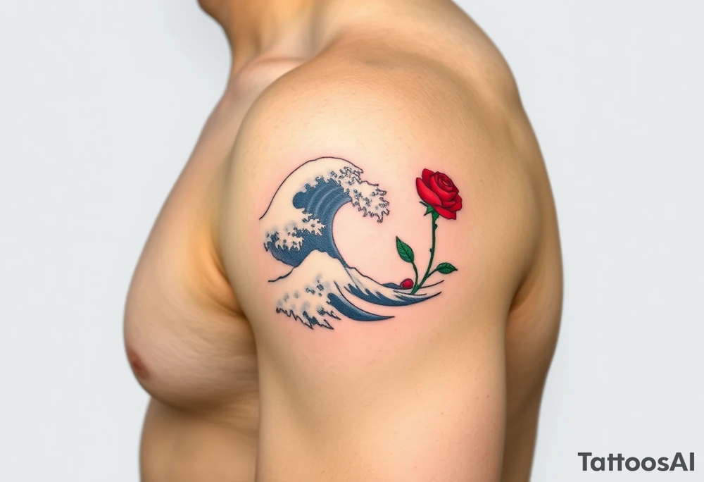 A very detailed Great Wave off Kanagawa incorporate a red rose with a stem on the side of the wave tattoo idea