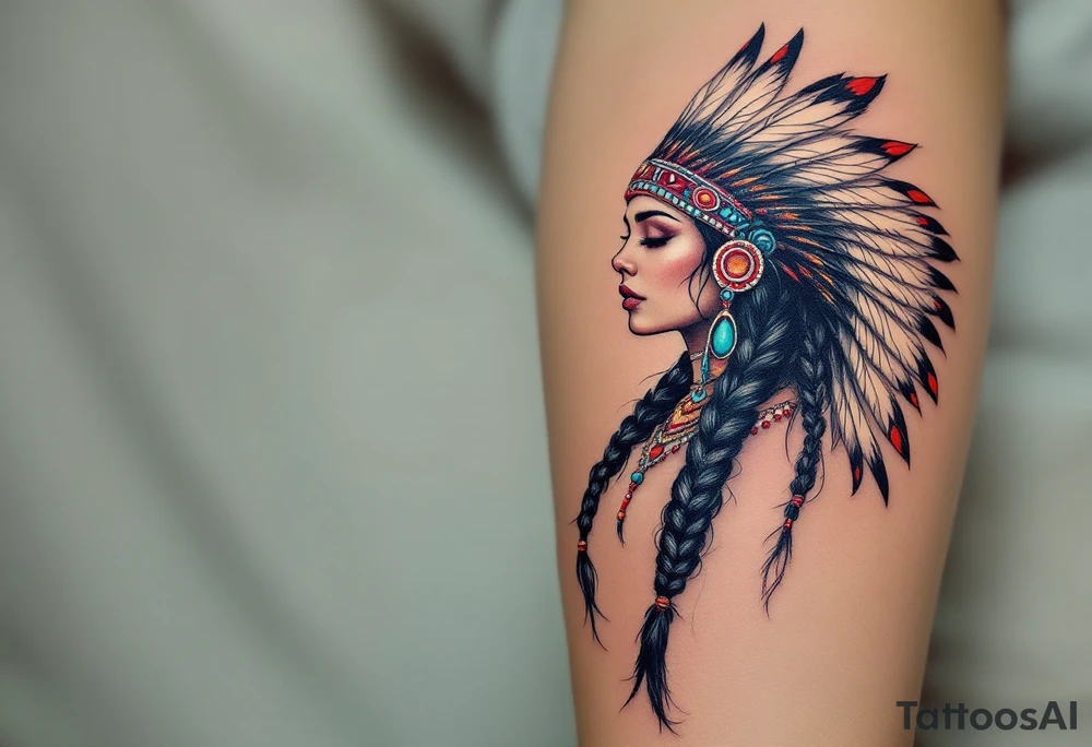 A Native American woman with long black braided hair adorned with turquoise beads and a feathered headdress in red, white, and black. tattoo idea