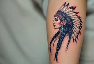 A Native American woman with long black braided hair adorned with turquoise beads and a feathered headdress in red, white, and black. tattoo idea