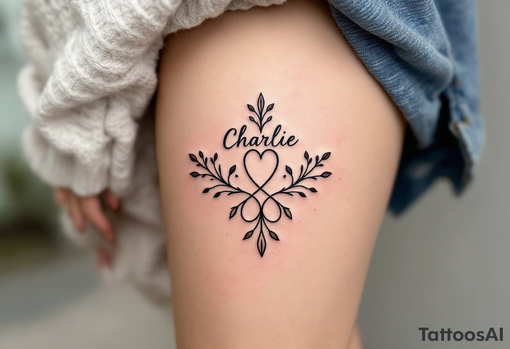 Create a delicate tattoo design that seamlessly integrates the names "Charlie" and "Zackary" in graceful, flowing cursive. Enclose the names within a softly stylized symbol that embodies strength and unity . The overall design should evoke warmth and protection while remaining refined and understated tattoo idea