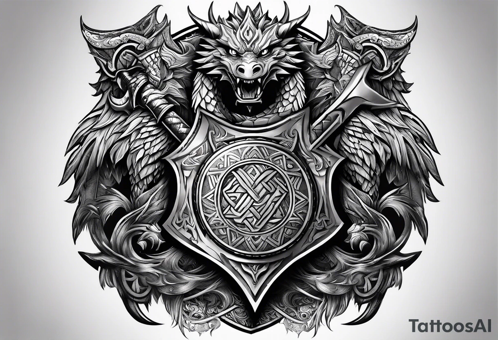 Valhalla sword shield dragon axe Valknut tribal tattoo idea Valhalla sword shield dragon axe Valknut tribal tattoo idea