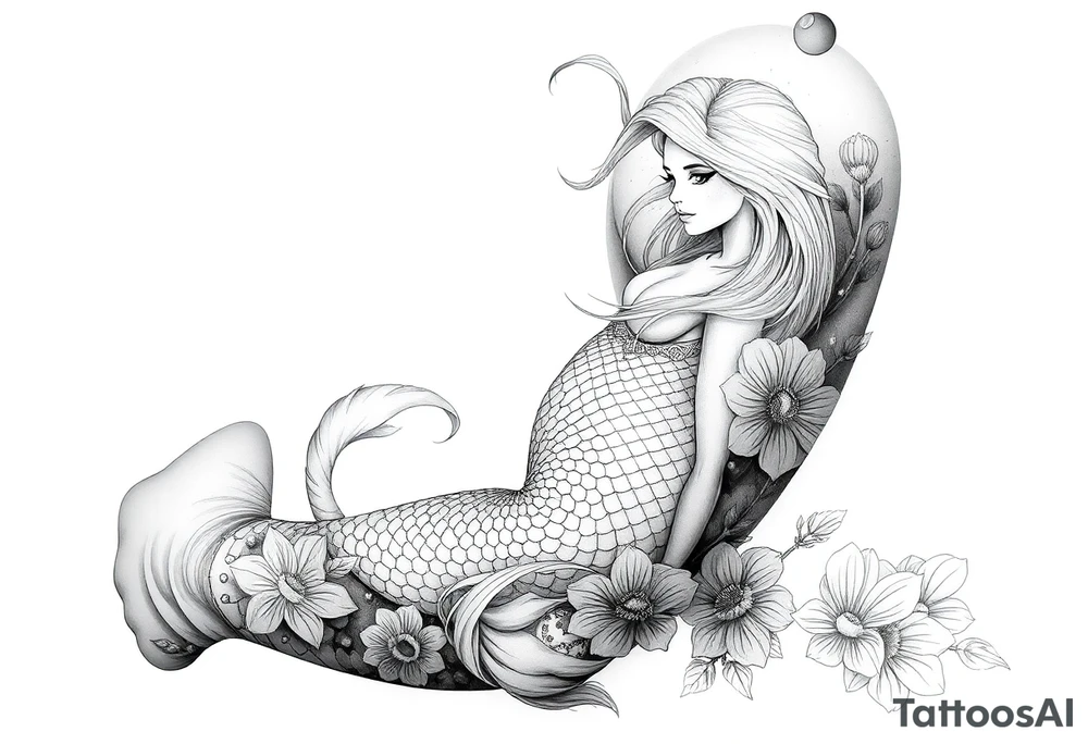 ethereal mermaid with flowing hair among coral and sea flowers tattoo idea