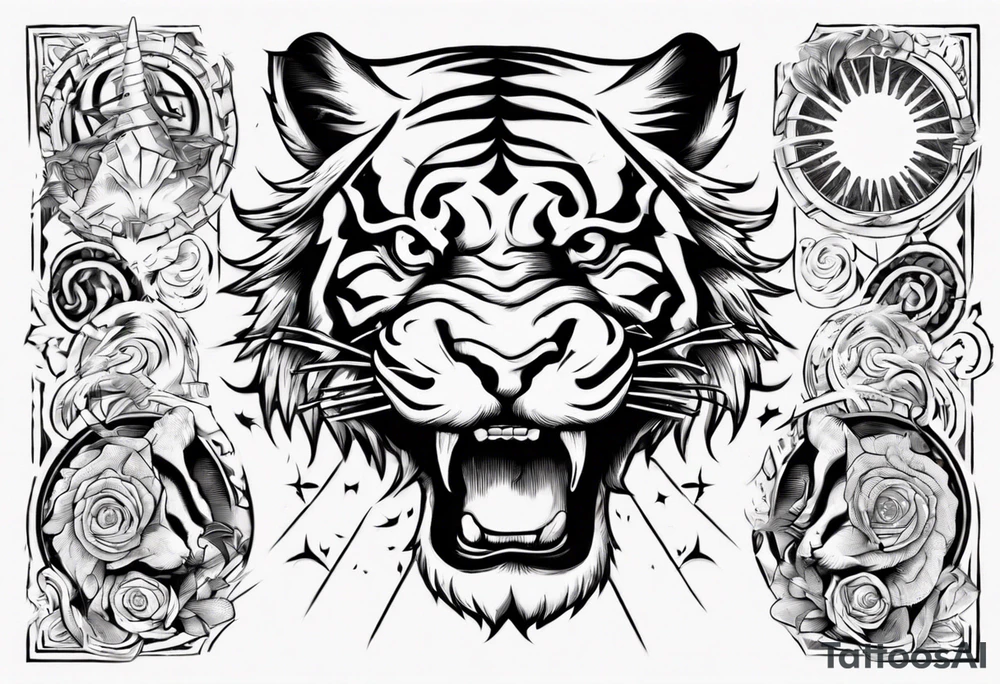 Ancient tiger with lightning and a sun for a forearm sleeve. With patterns surrounding it tattoo idea Ancient tiger with lightning and a sun for a forearm sleeve. With patterns surrounding it tattoo idea