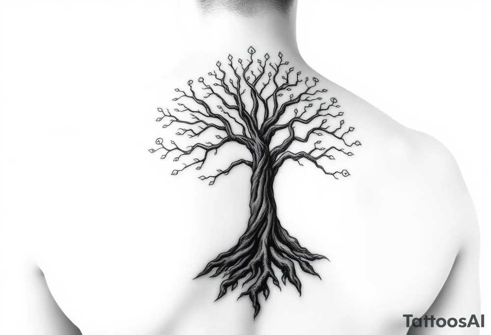 mystical tree of life with cosmic roots and celestial branches tattoo idea