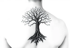 mystical tree of life with cosmic roots and celestial branches tattoo idea