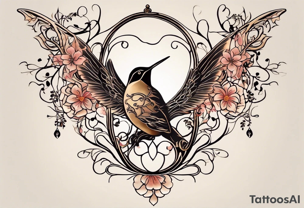 esign a delicate and harmonious tattoo that starts from the lower back and extends to the middle of the back. The tattoo features a thin, flowing Japanese plum branch with subtle ginkgo leaves intertwined. Hidden within the elements of the branch are a horseshoe, a hummingbird, a butterfly, an antique pocket watch, and a diamond. The overall style should be fine and elegant, with all the elements blended seamlessly into the design, giving a natural and artistic look.” tattoo idea