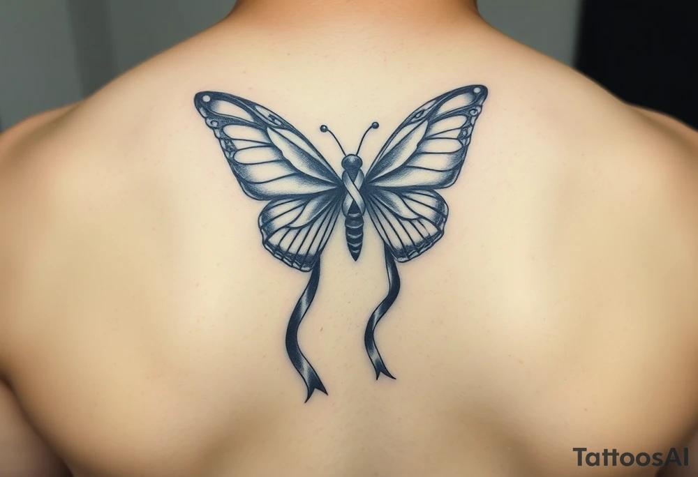 ethereal butterfly with flowing silk HIV-positive symbol ribbons in moonlight tattoo idea