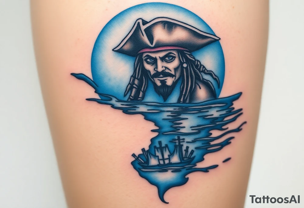 Jack Sparrow’s ghostly reflection in the ocean, done in eerie blue tones, symbolizing his dance with death and destiny tattoo idea