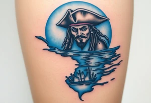 Jack Sparrow’s ghostly reflection in the ocean, done in eerie blue tones, symbolizing his dance with death and destiny tattoo idea