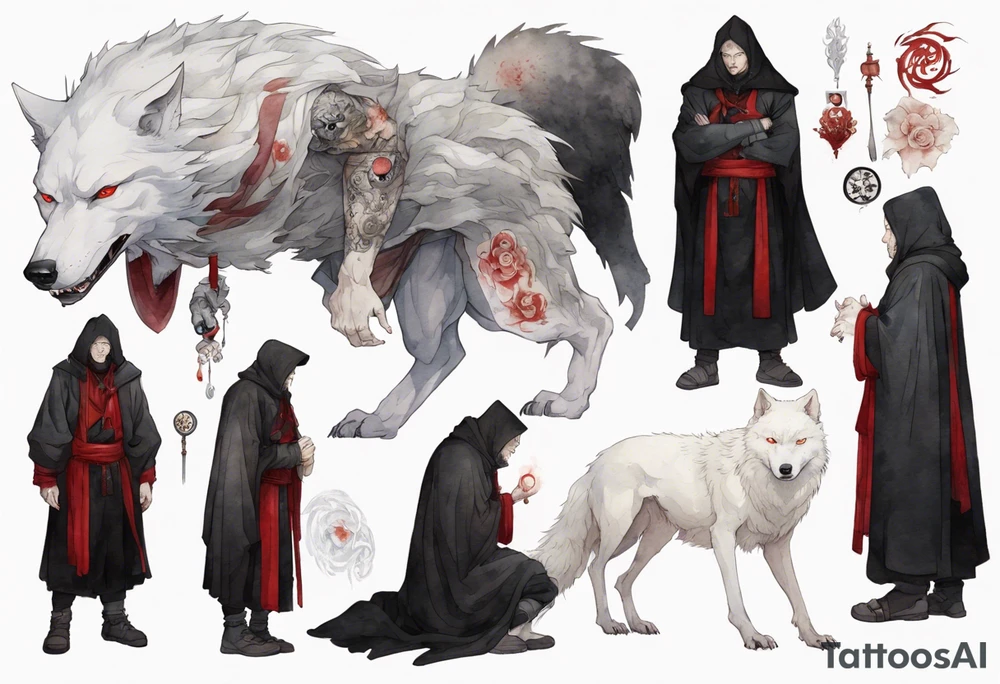 a pale-skinned medieval man with grey hair, red eyes, and a black cloak standing beside a massive albino wolf tattoo idea
