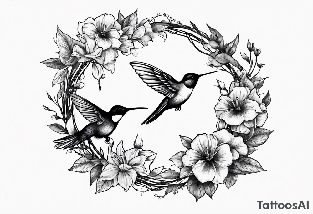 floral wreath with humming birds in the middle tattoo idea