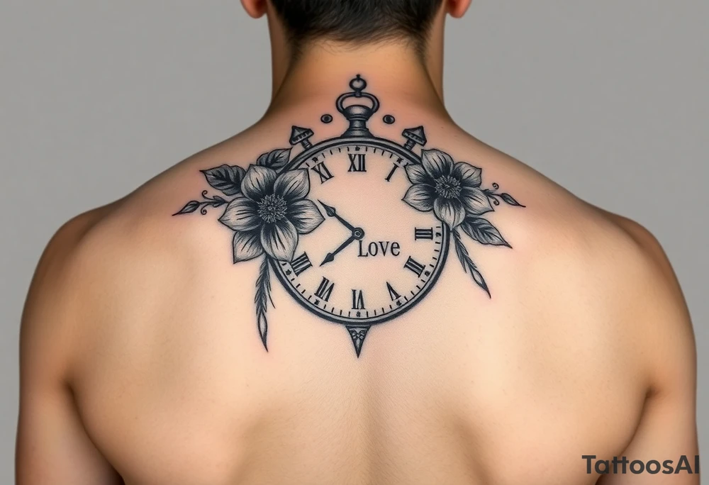 Clock with flower of love tattoo idea