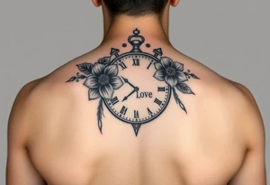 Clock with flower of love tattoo idea