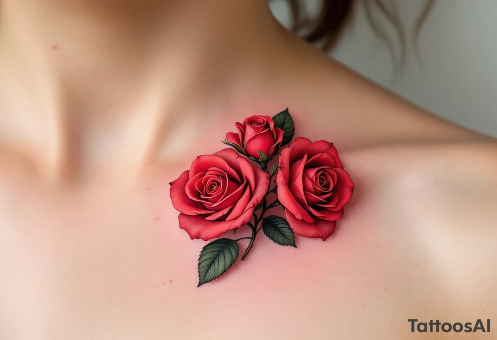 Tiny cluster of three red roses, tightly grouped with dark green leaves, drawn in a micro-realistic style. tattoo idea