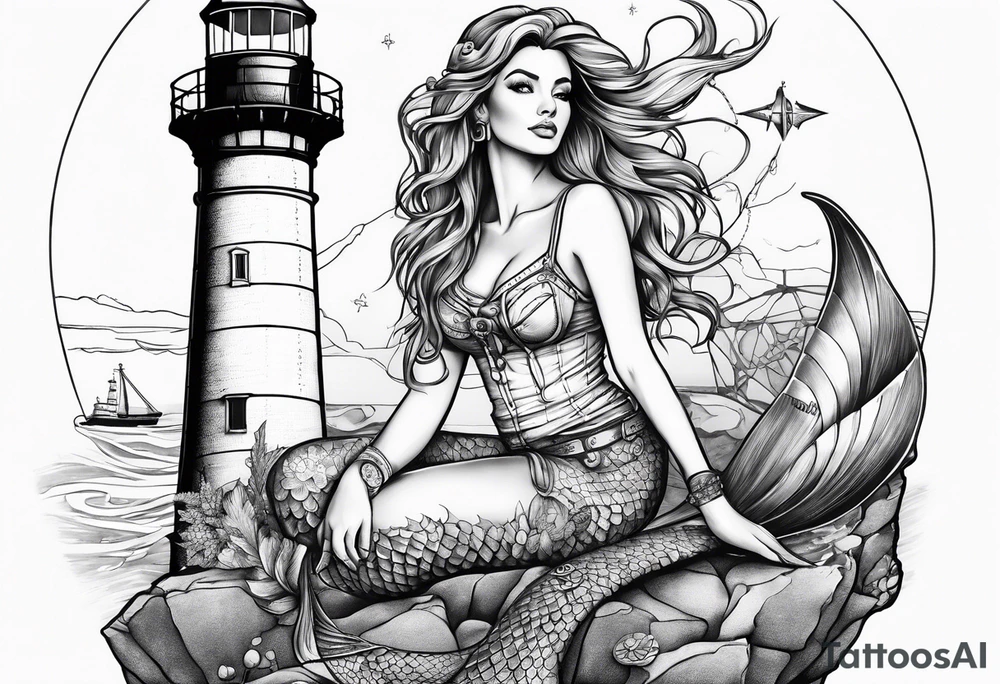 Mermaid sitting on a lighthouse’s rock, vessel, a compass, a nautical chart tattoo idea