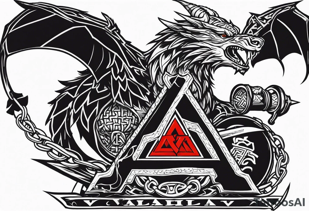 Valhalla sword shield dragon axe Valknut barbed wire chains tattoo idea Valhalla sword shield dragon axe Valknut barbed wire chains tattoo idea
