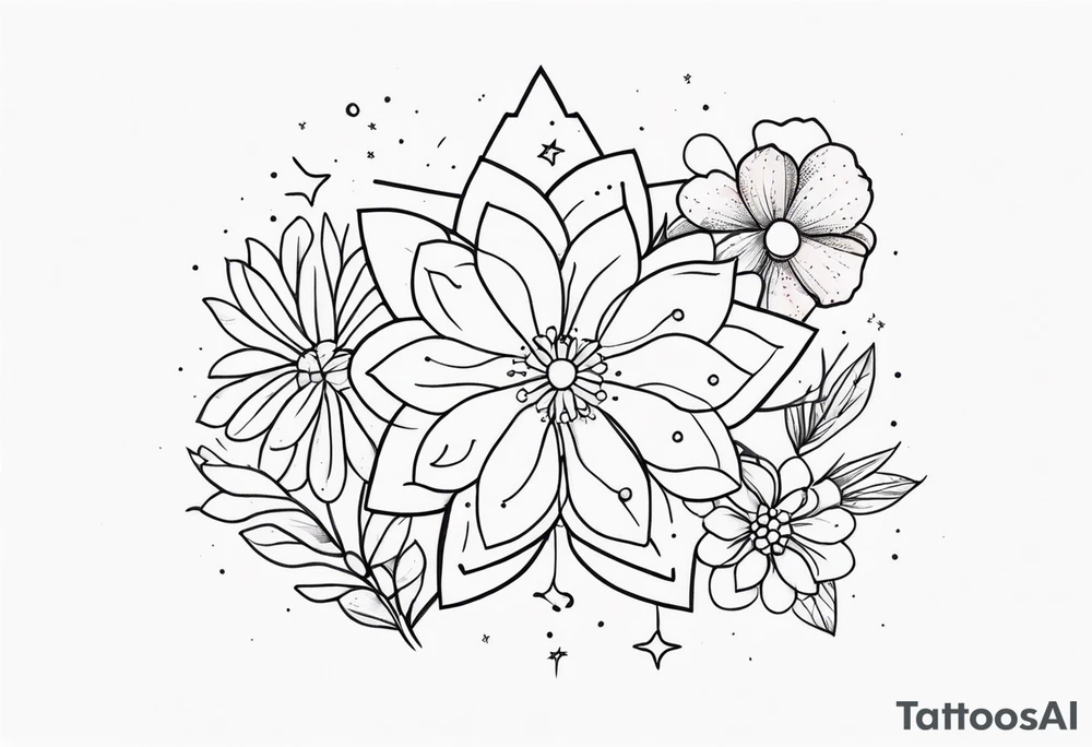 fine line with stars, floral, dots tattoo idea