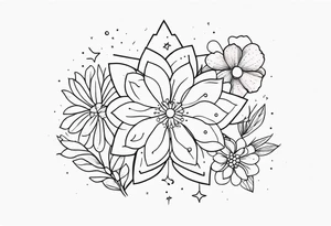 fine line with stars, floral, dots tattoo idea