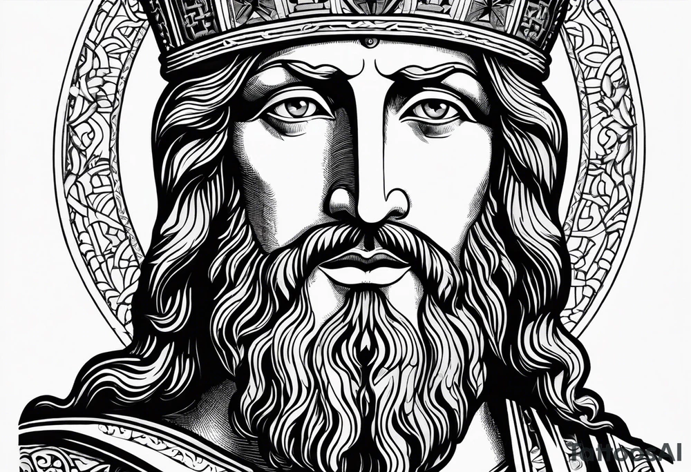 haloed head of a flat stern Byzantine Christ with all-demanding eyes. tattoo idea