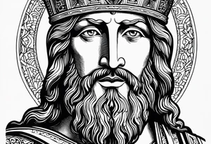 haloed head of a flat stern Byzantine Christ with all-demanding eyes. tattoo idea