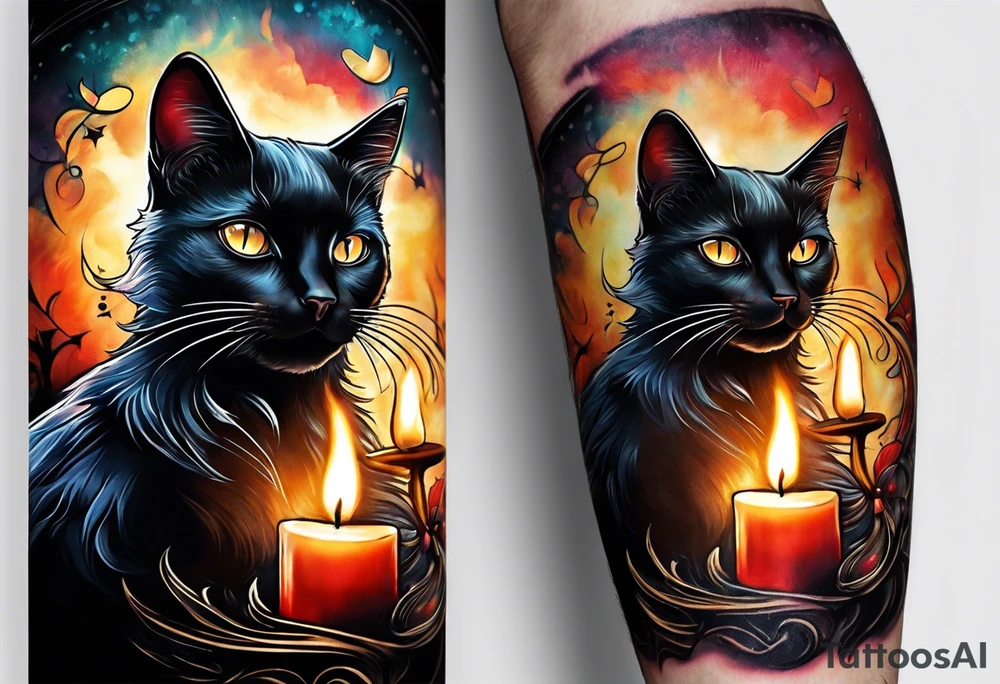 Black cat with candle burning tattoo idea