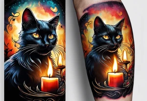 Black cat with candle burning tattoo idea